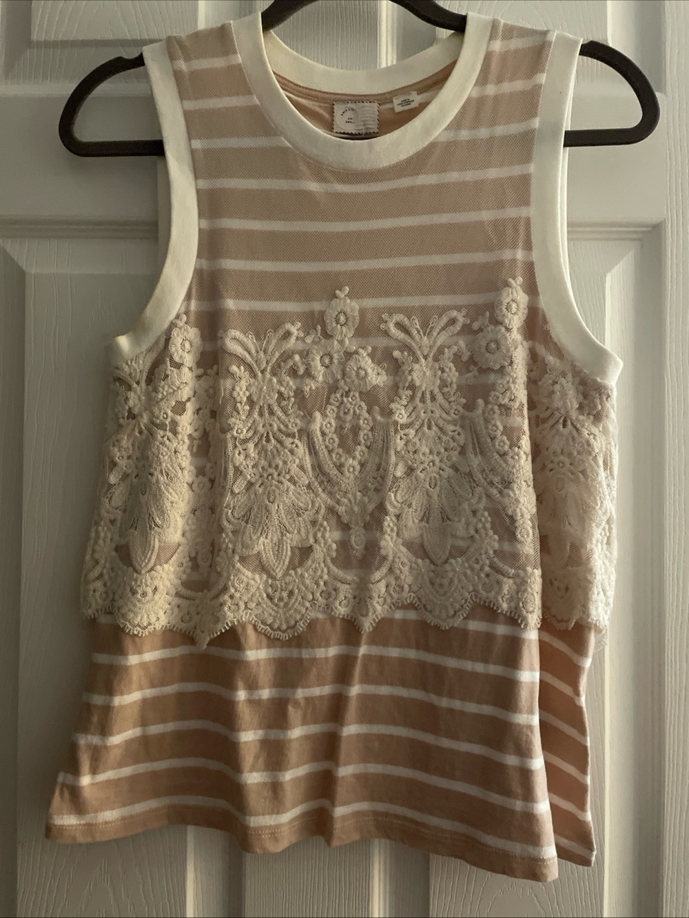 Anthropologie Striped Lace-Front Sleeveless Tank in Tan and Cream